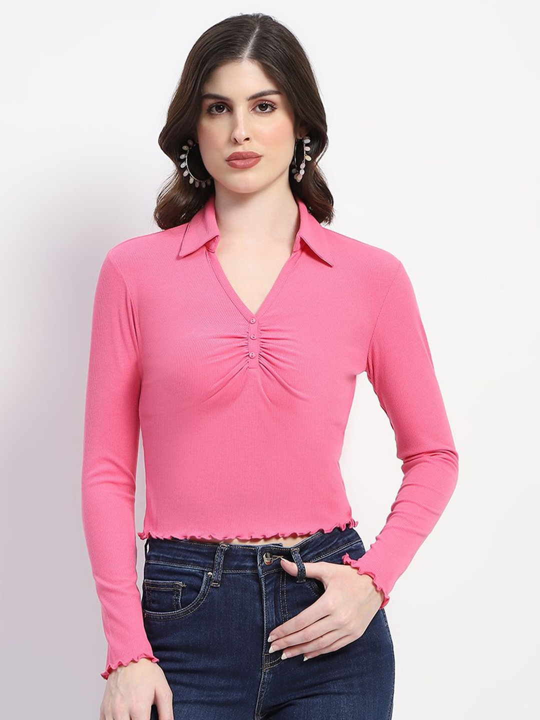 

Madame Women Solid Shirt Collar Top, Pink