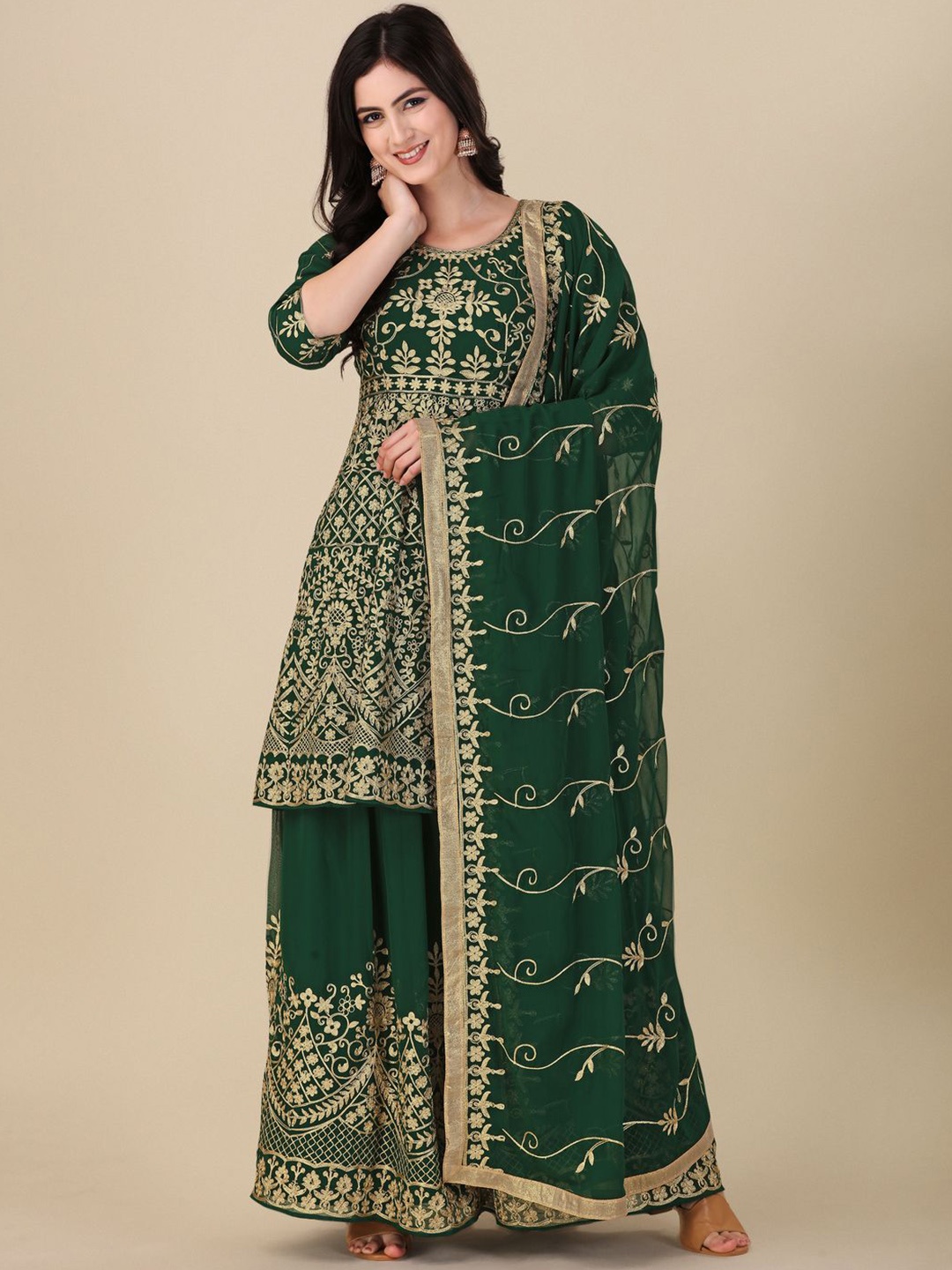

KALINI Ethnic Motifs Embroidered Zari Work Semi-Stitched Dress Material, Green
