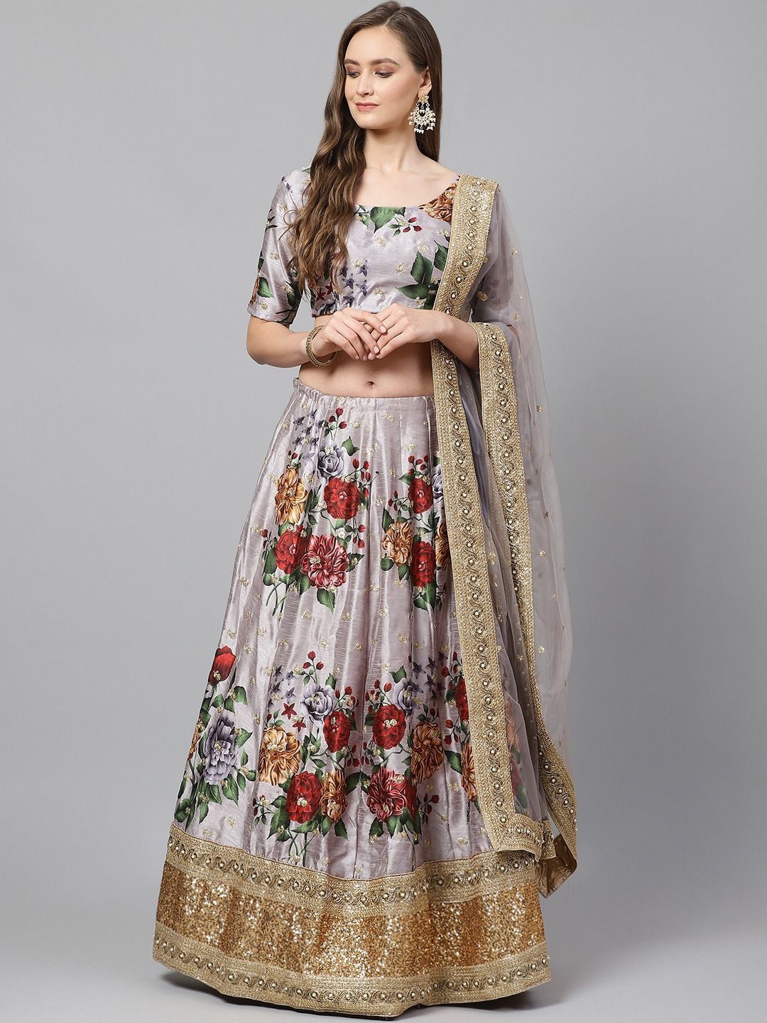 

FABPIXEL Floral Printed Sequinned Semi-Stitched Lehenga & Unstitched Blouse With Dupatta, Grey