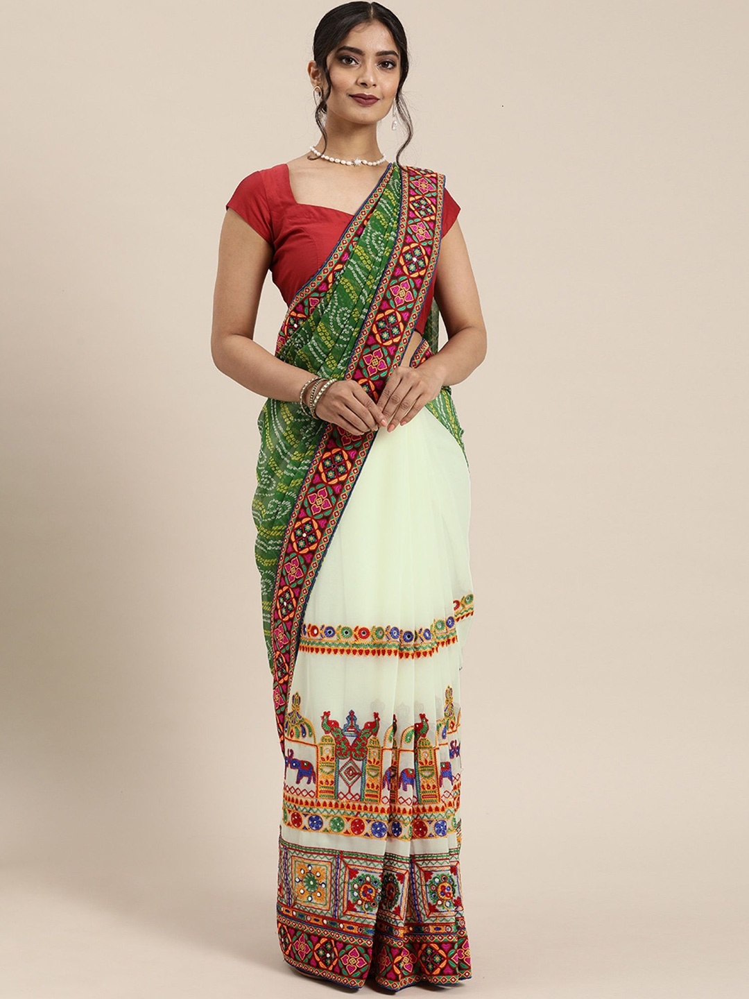 

KALINI Bandhani Embroidered Pure Georgette Bandhani Saree, Green