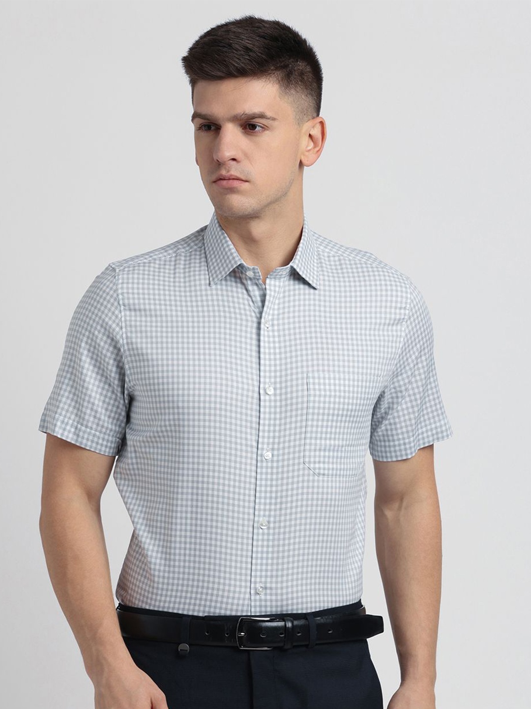 

Turtle Men Standard Gingham Checked Cotton Slim Fit Formal Shirt, Grey