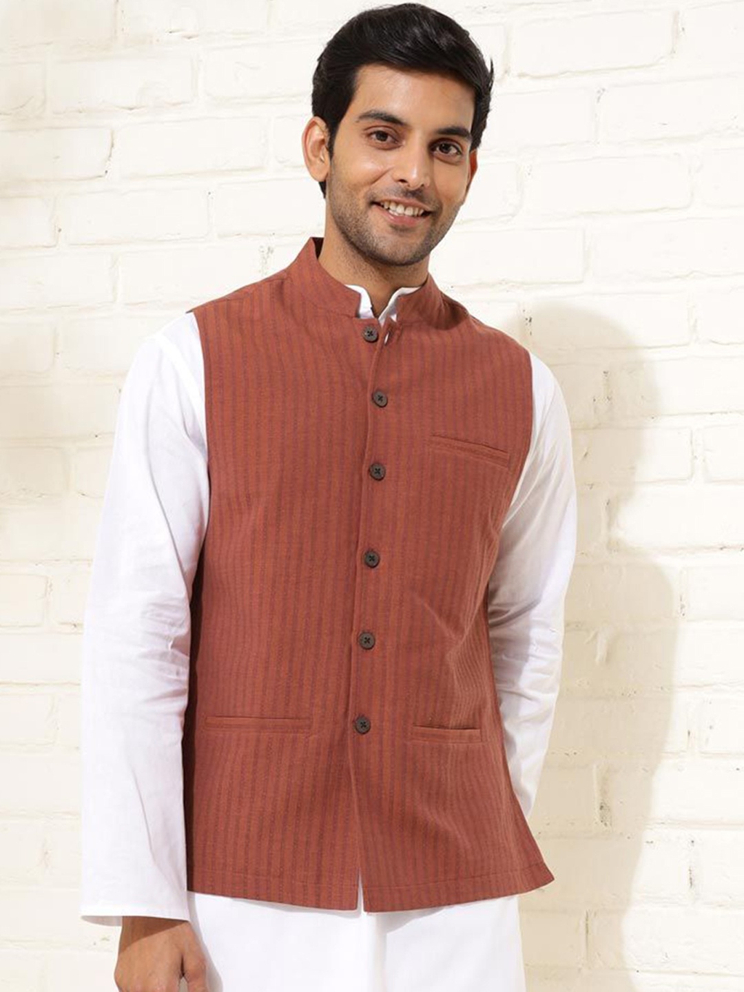 

Fabindia Printed Woven Nehru Jackets, Rust