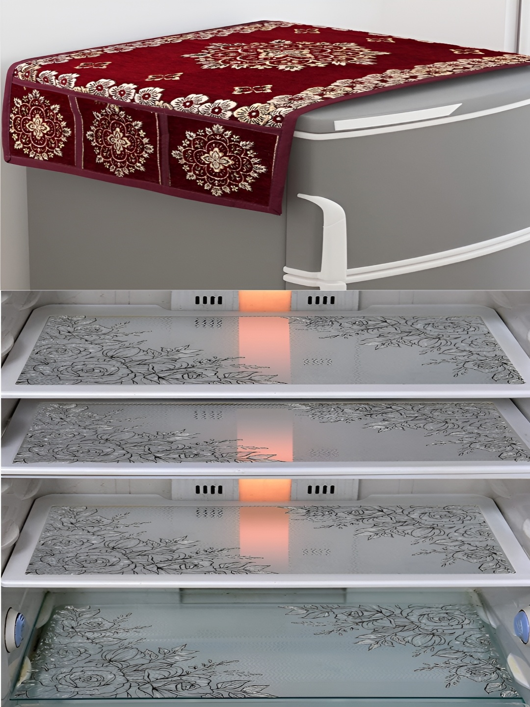 

Dakshya Industries Maroon & Beige 5 Pieces Printed Refrigerator Cover & Fridge Mats