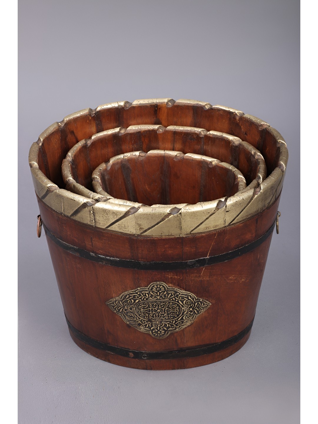 

Exotic India Brown & Yellow 3 Pieces Bucket Design Wooden Planters