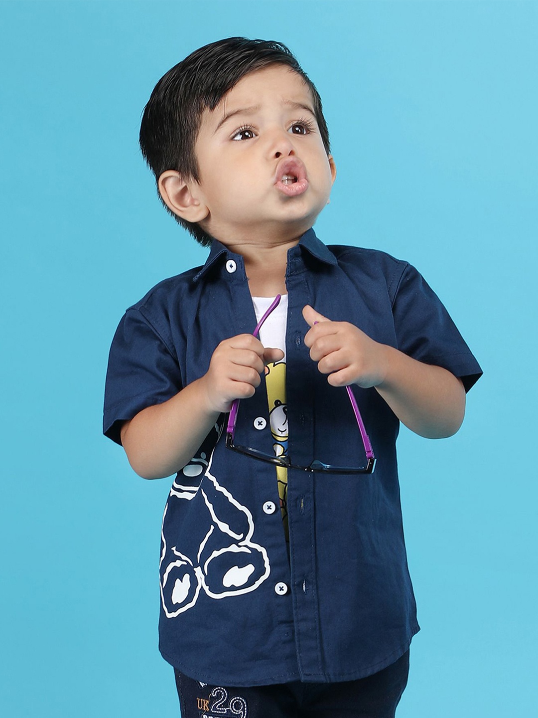 

Polka Tots Boys Spread Collar Graphic Printed Cotton Casual Shirt, Navy blue