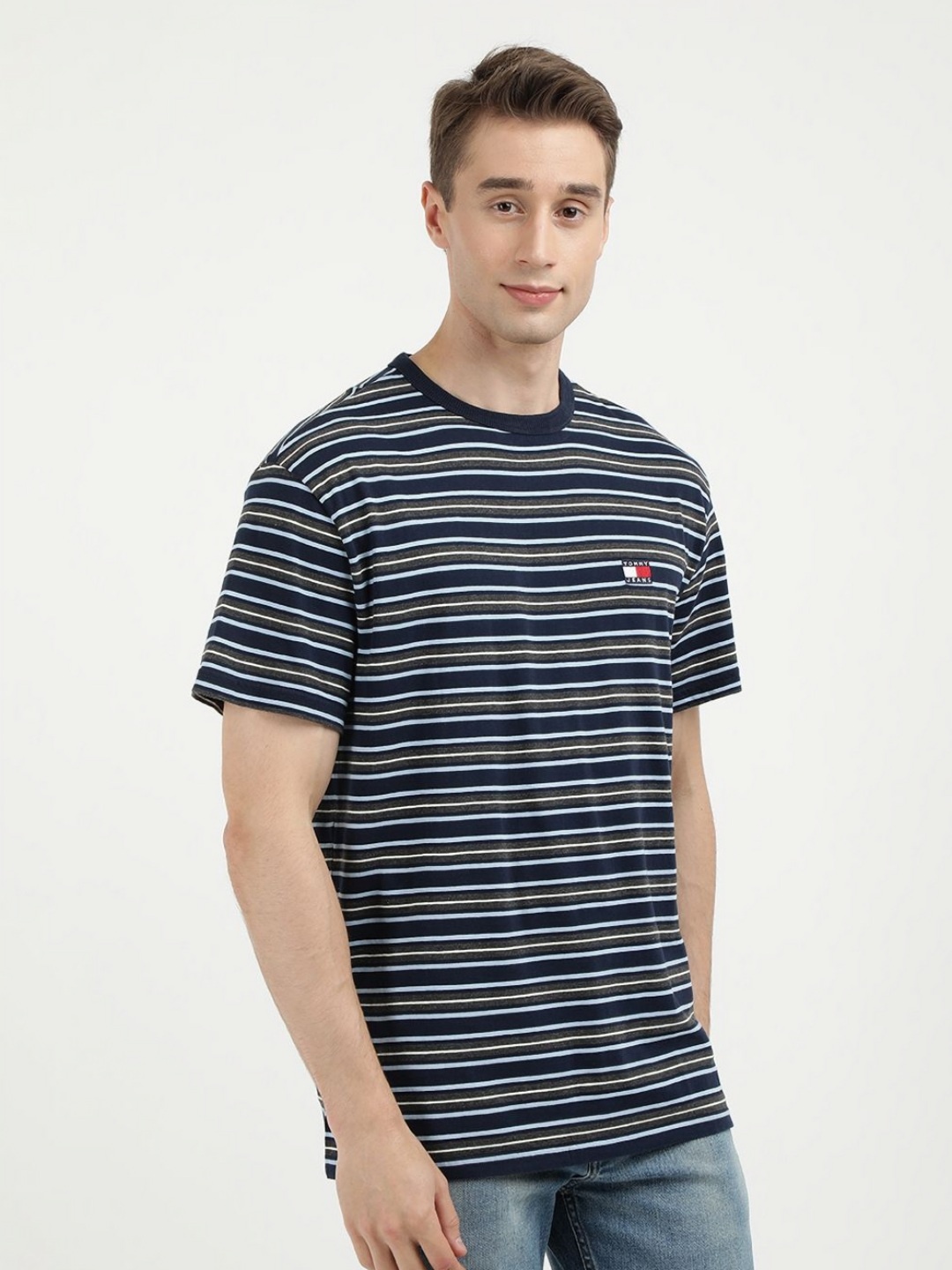 

Tommy Hilfiger Men Striped Round Neck Cotton T-Shirt, Blue