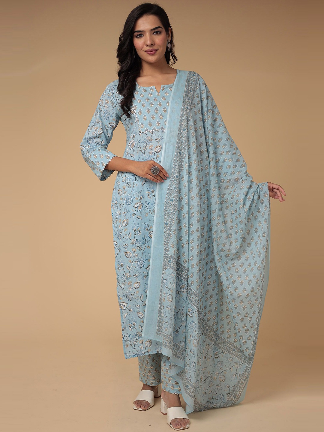 

ZARI Floral Printed Gotta Patti Pure Cotton Unstitched Dress Material, Blue