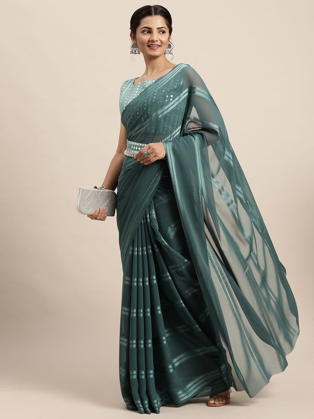 

Saree mall Striped Poly Georgette Belted Sarees, Blue