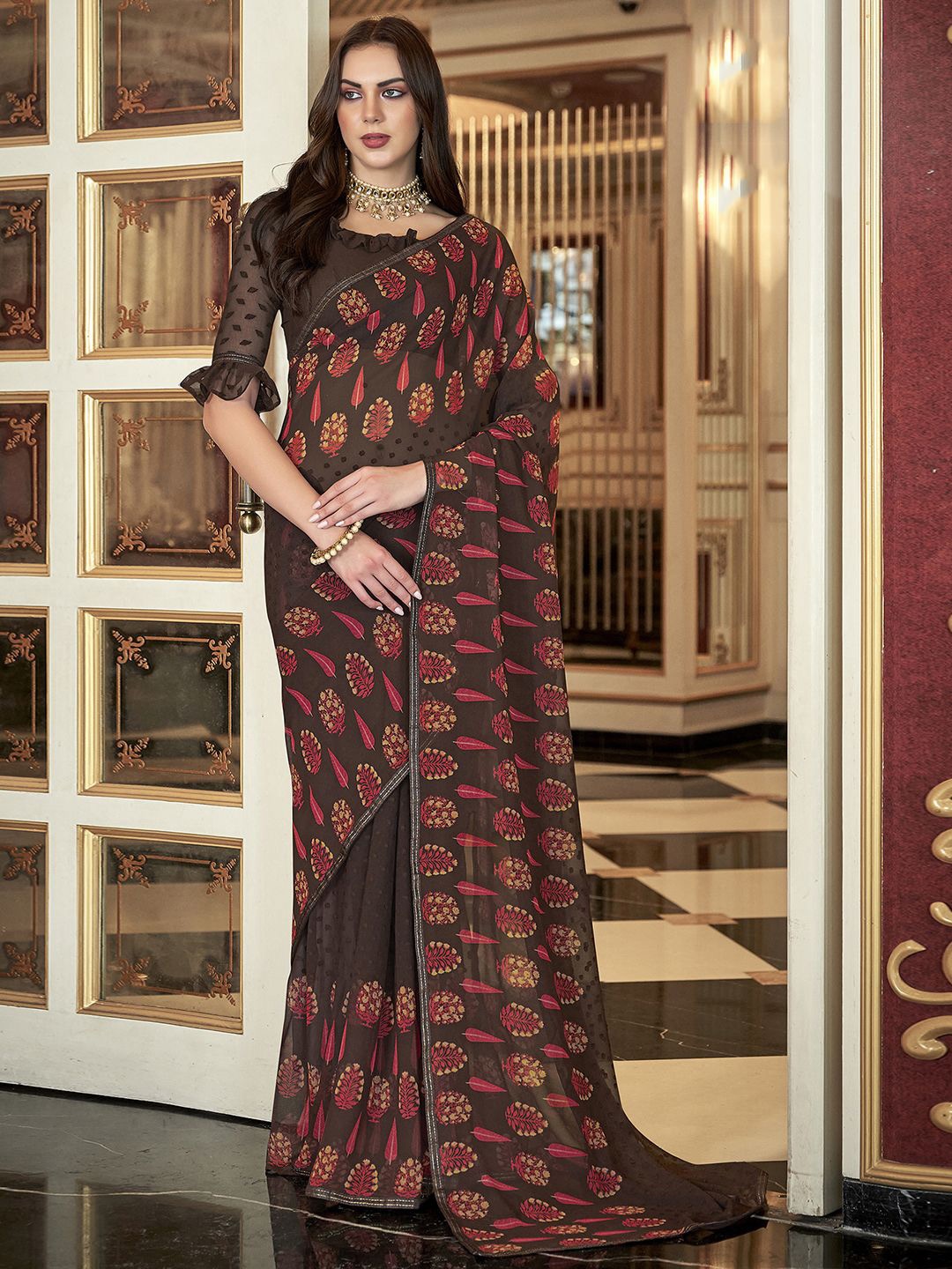 

Mitera Floral Printed Saree, Brown