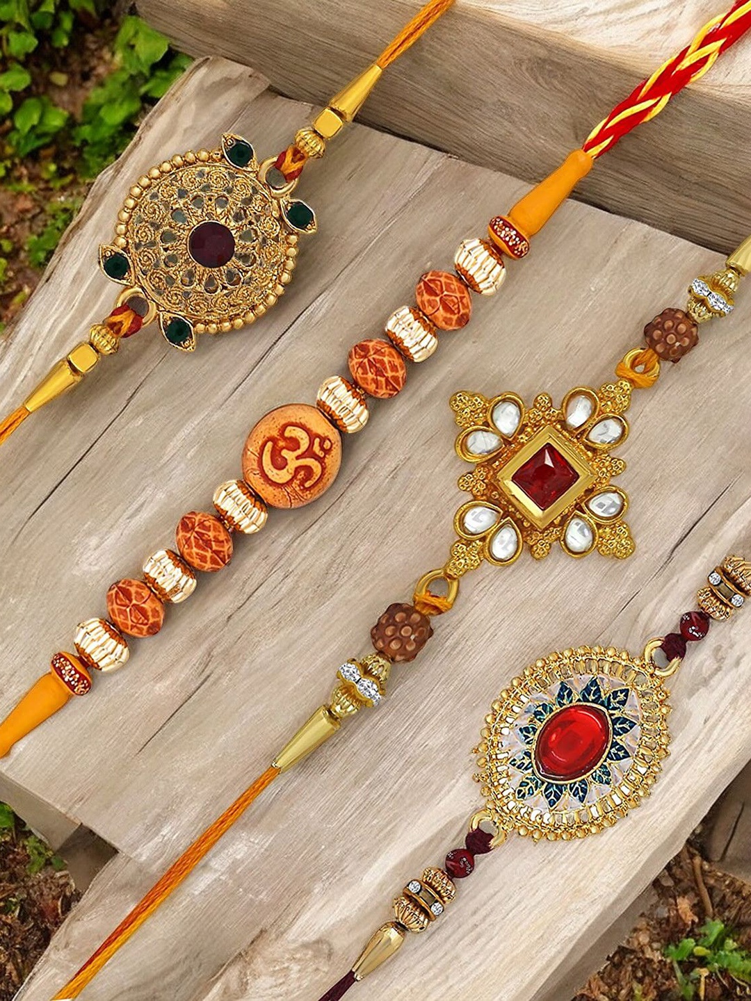 

Okos Set of 4 Kundan and Rudraksha Studded Thread Rakhis, Gold