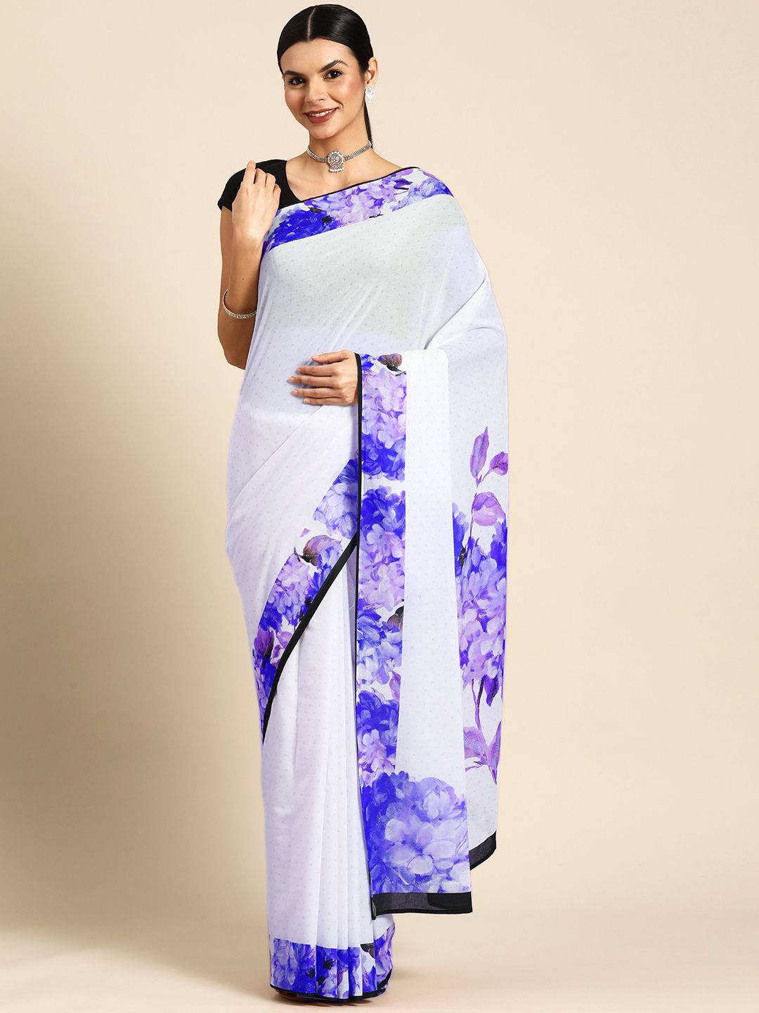 

BUTA BUTI Printed Polka Dot Pure Cotton Saree, White
