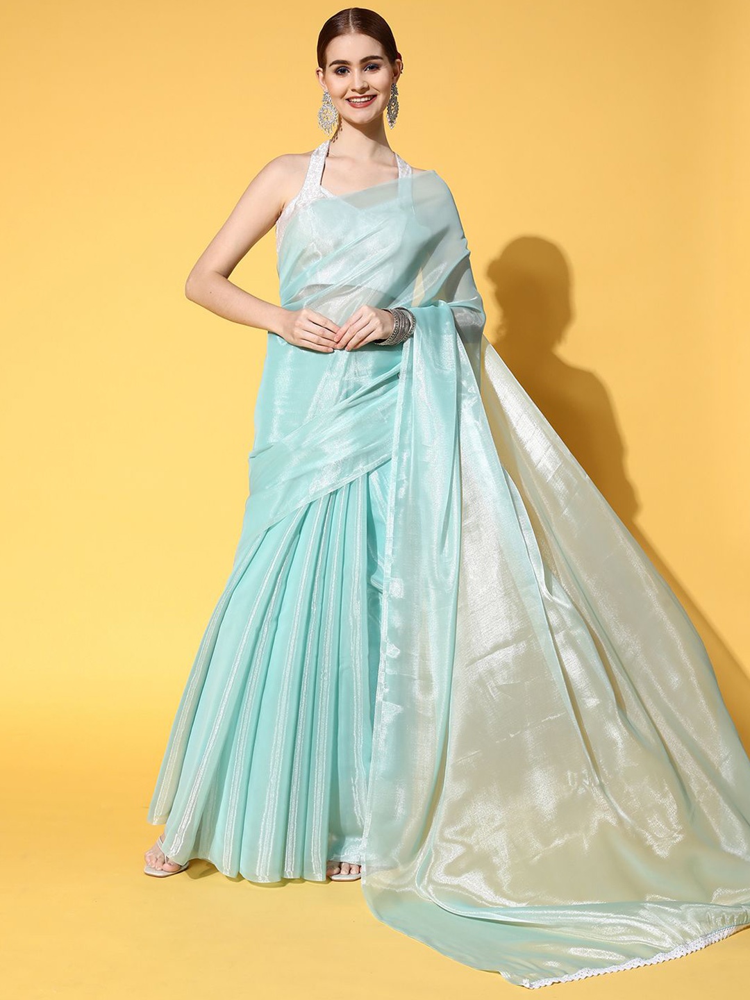 

Saree mall Solid Organza Saree, Turquoise blue