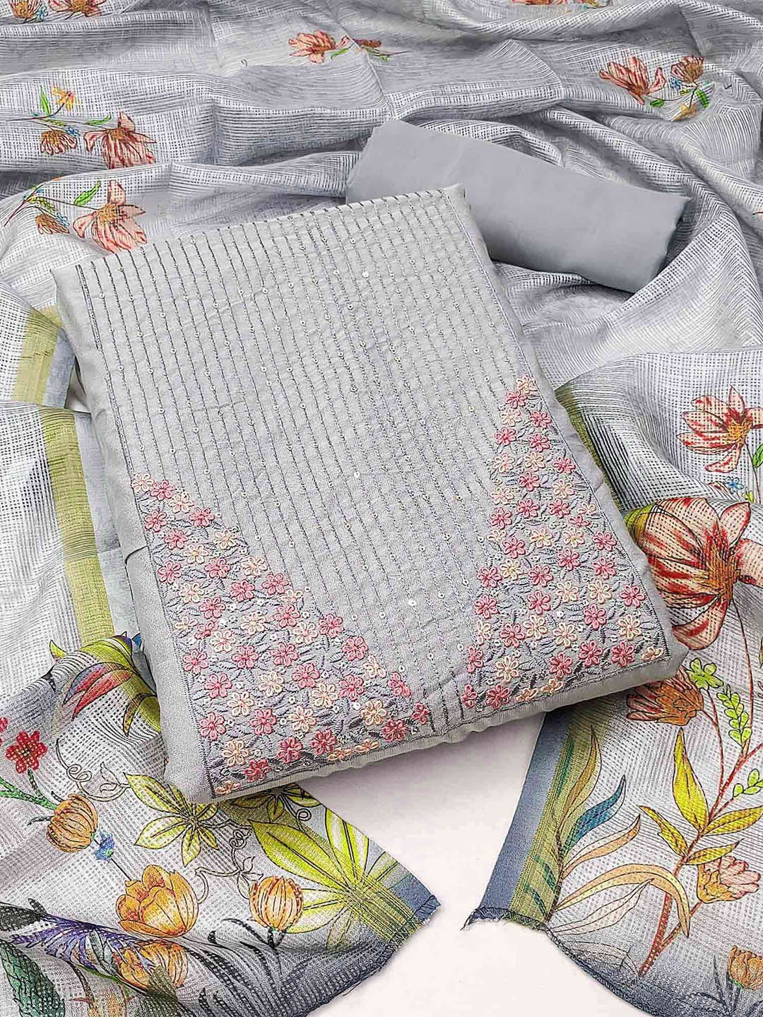

Peachmode Floral Embroidered Sequinned Pure Cotton Unstitched Dress Material, Grey