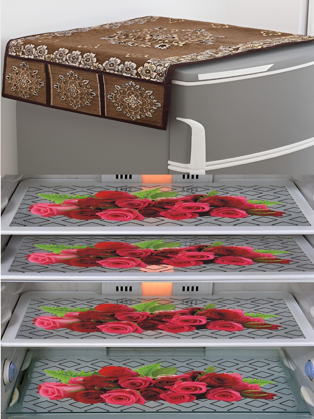 

LooMantha Maroon & Brown 5 Pieces Floral Printed Fridge Top Cover & Fridge Mats