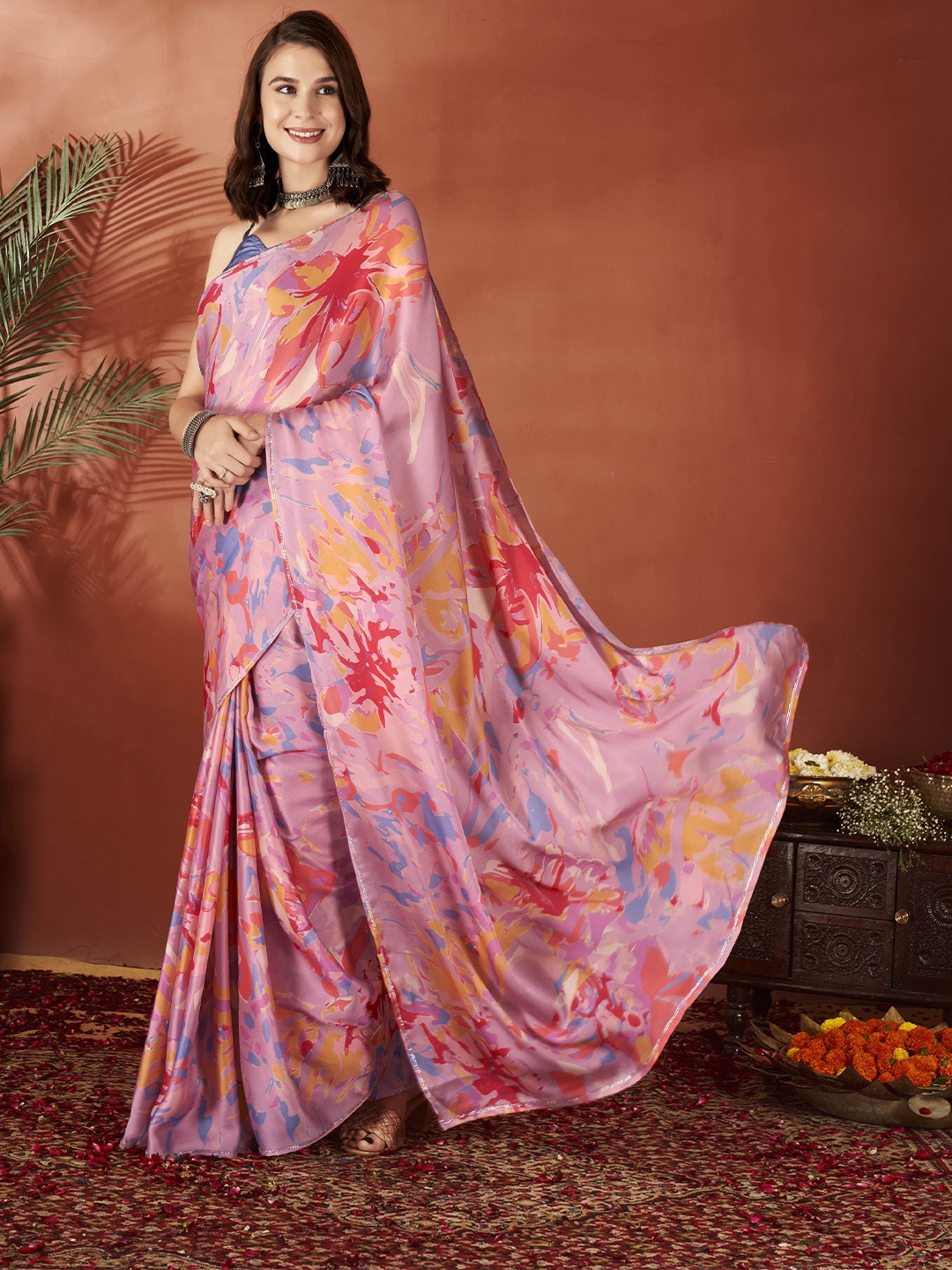 

Anouk Printed Beads and Stones Satin Saree, Pink