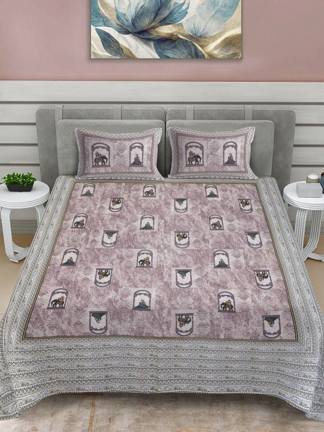

FABINALIV Pink & Off White Ethnic Print Pure Cotton King Size Bedsheet & 2 Pillow Covers