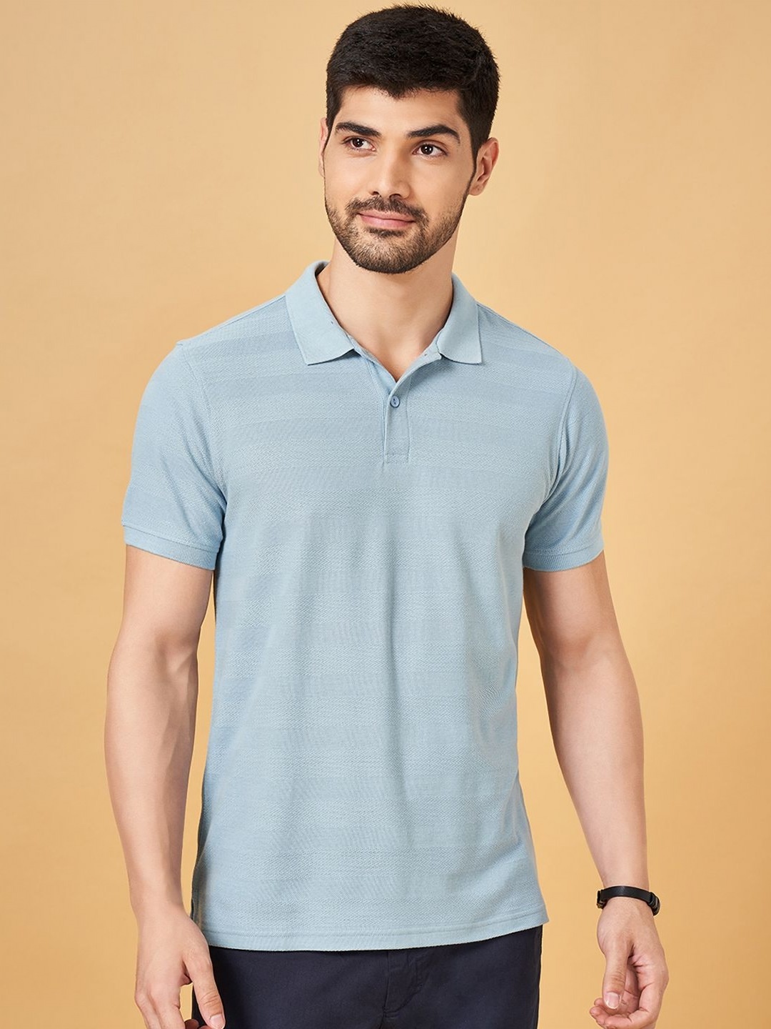 BYFORD by Pantaloons Men Striped Polo Collar Cotton Slim Fit T-Shirt, Turquoise blue