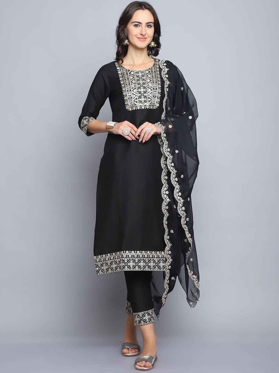 

KALINI Ethnic Motifs Embroidered Thread Work Pure Silk Straight Kurta Trousers & Dupatta, Black