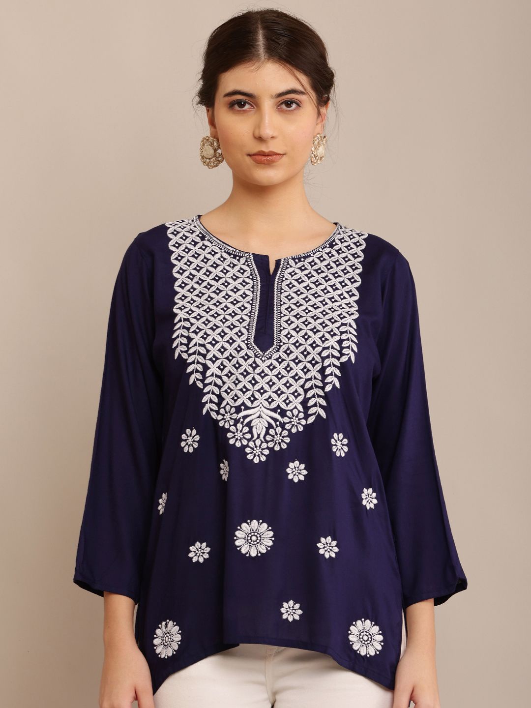 

FAWOMENT Women Ethnic Printed Round Neck Top, Navy blue