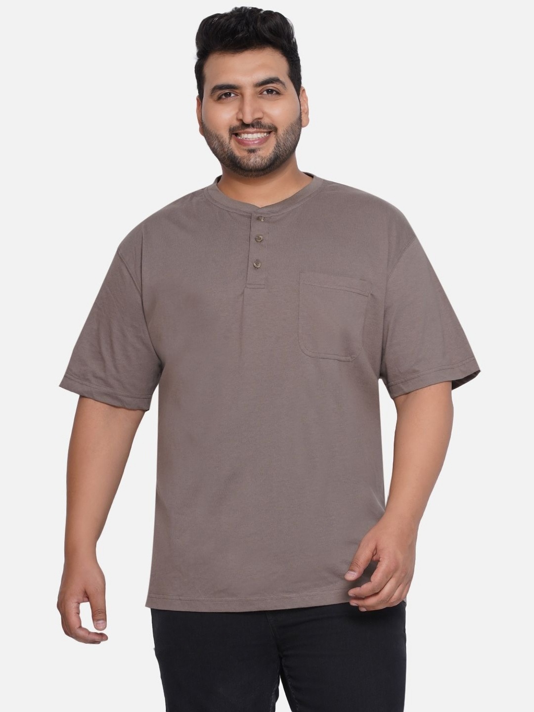 

Santonio Men Plus Size Solid Henley Neck Cotton T-Shirt, Grey