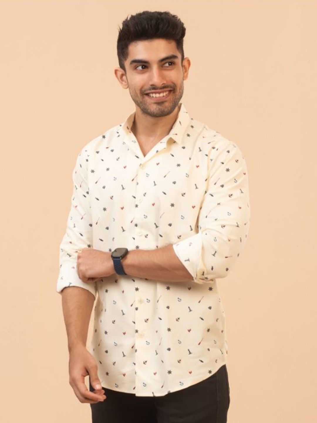 

The Bleu Label Men Classic Slim Fit Conversational Printed Casual Shirt, Cream
