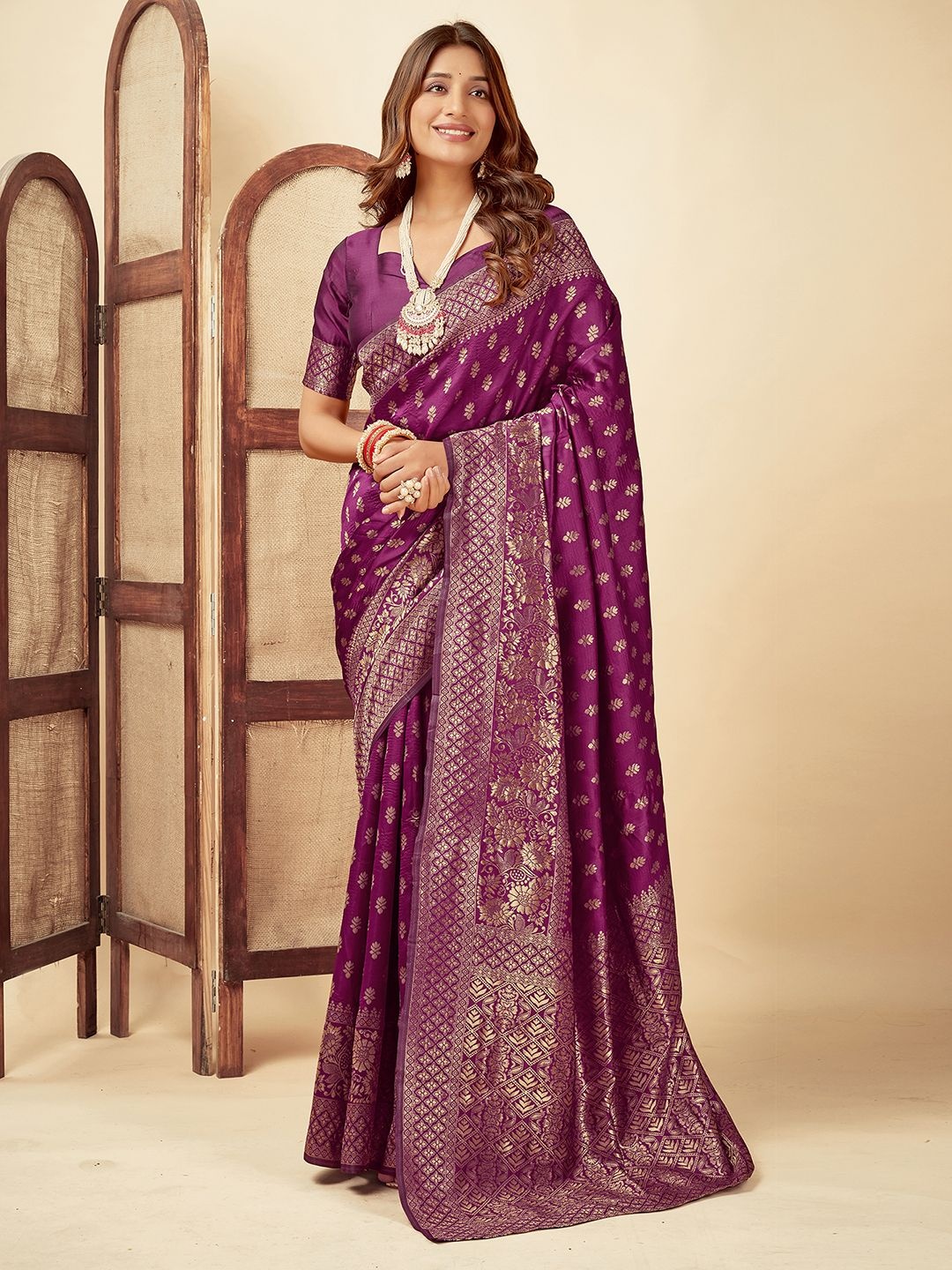 

KALINI Ethnic Motifs Zari Silk Blend Banarasi Saree, Purple