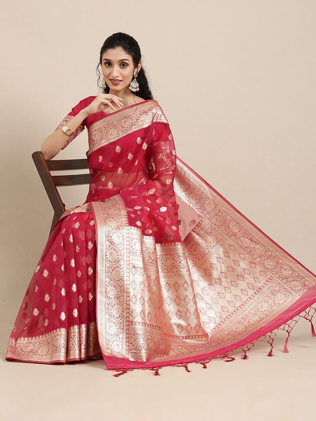 

Saree mall Ethnic Motifs Zari Organza Banarasi Sarees, Red