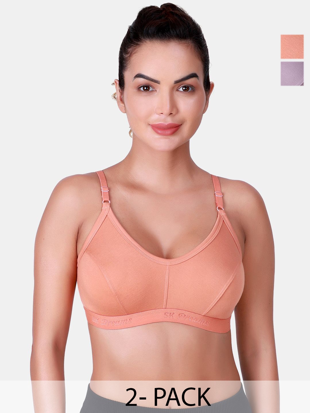 

SKDREAMS Pack Of 2 Full Coverage Cut and Sew Cotton Non Padded Sports Bra, Peach