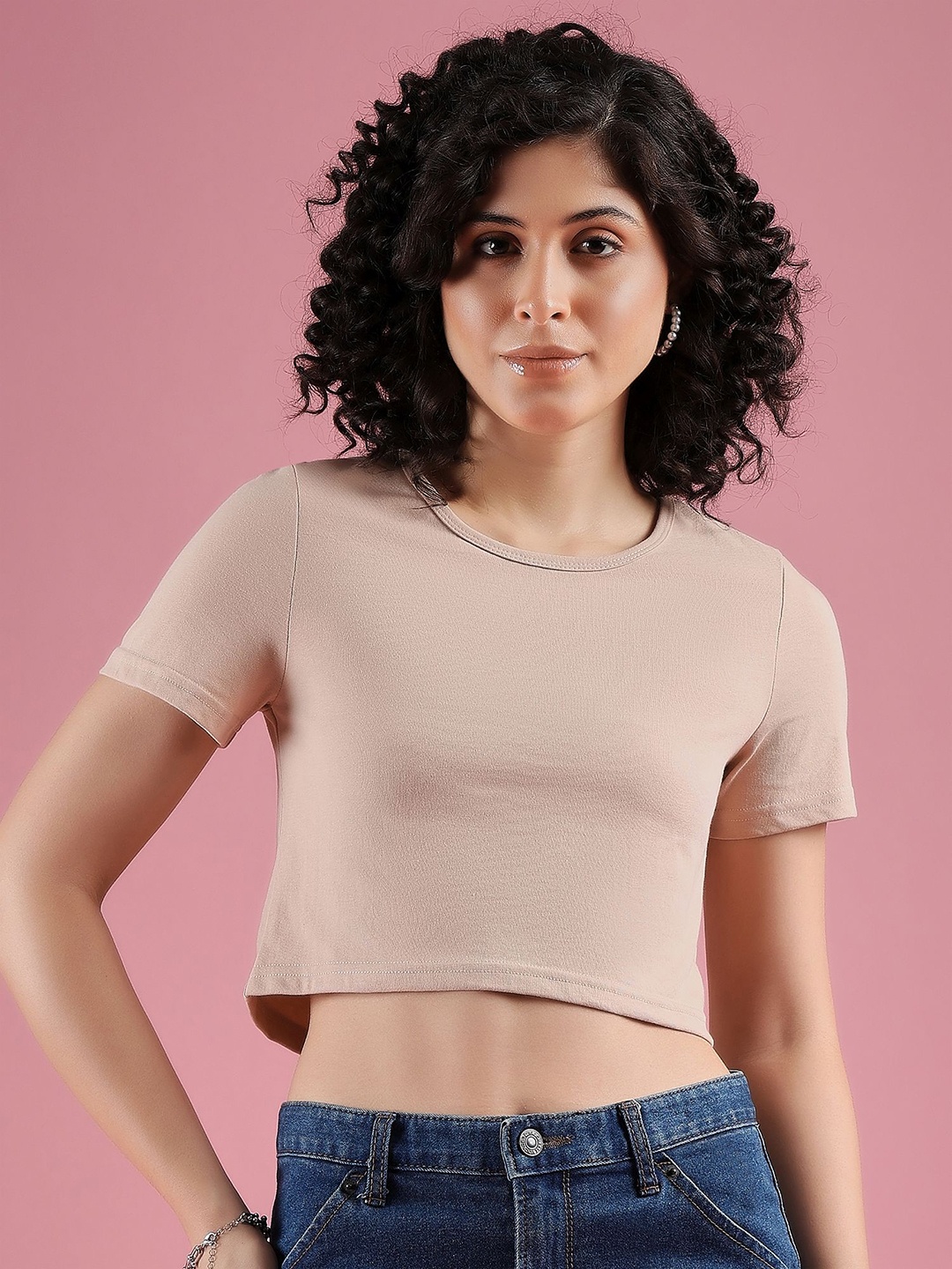 

DressBerry Women Solid Round Neck Cotton T-Shirt, Beige