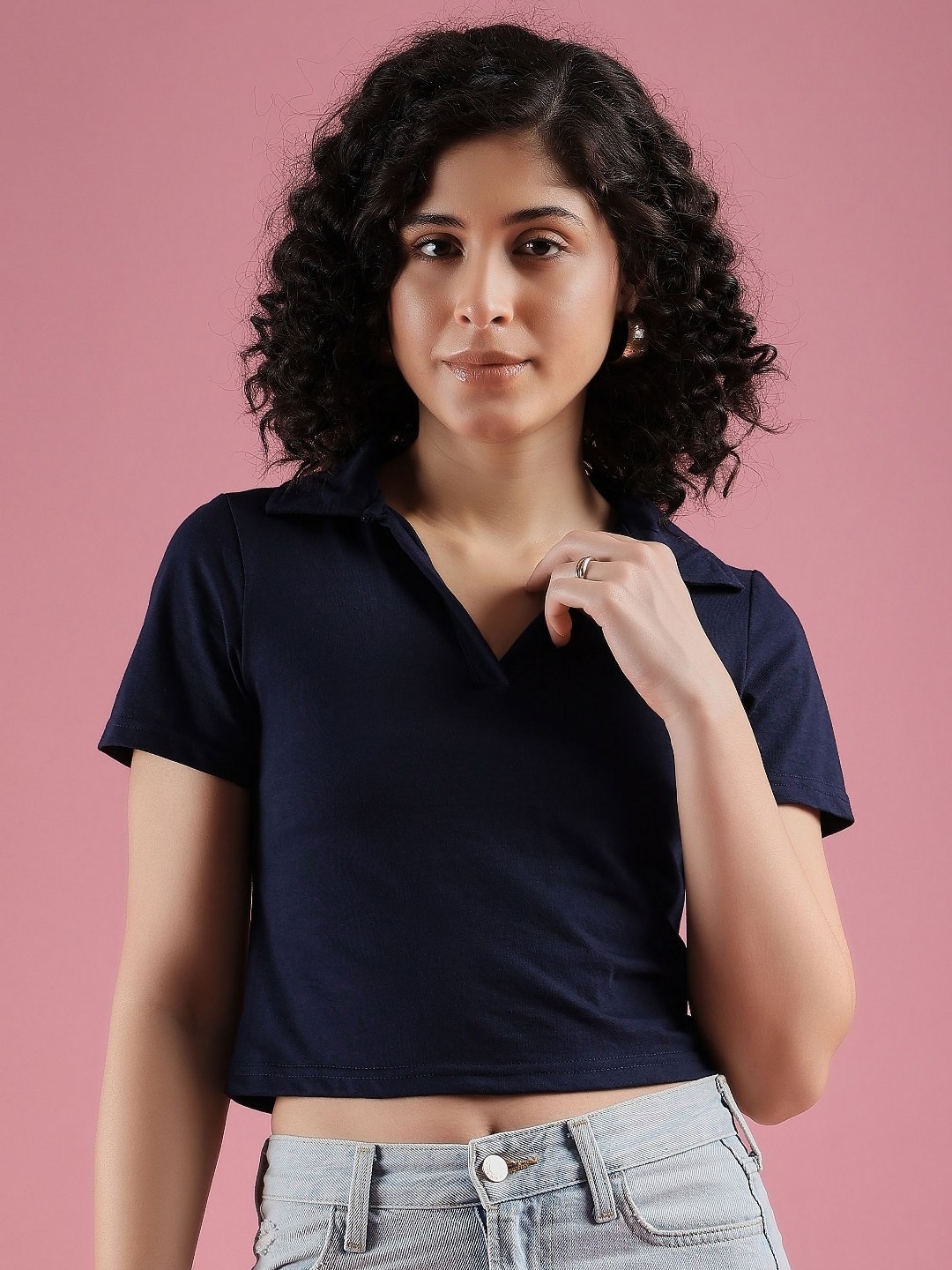 

DressBerry Women Solid Polo Collar Cotton T-Shirt, Navy blue