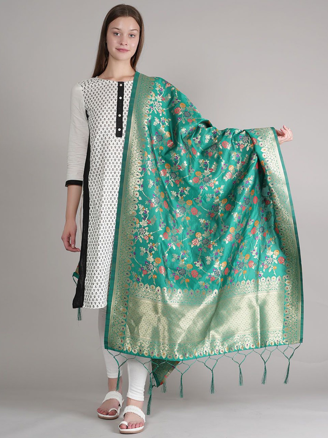 

MUFFLY Floral Woven Design Dupatta With Zari, Green