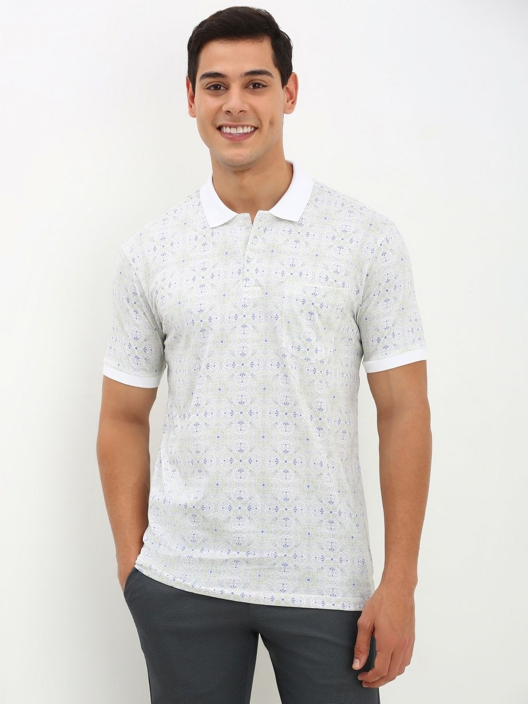 

Allen Solly Men Floral Printed Print Polo Collar Cotton T-Shirt, White