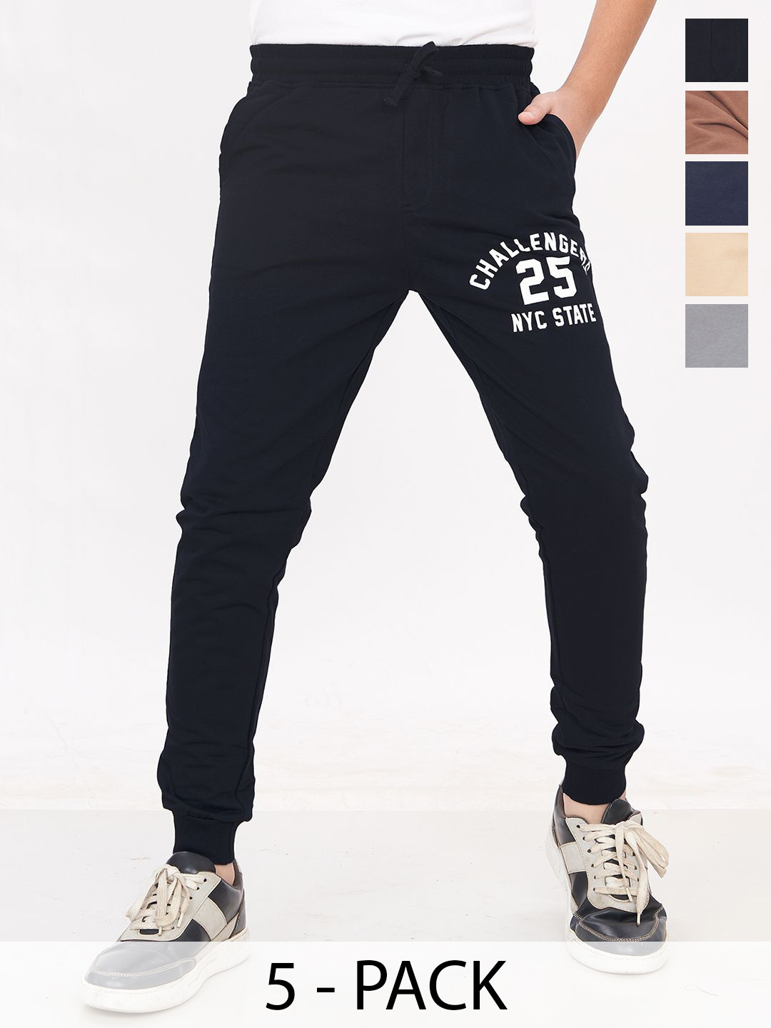 

Elzoh Boys Pack Of 5 Printed Cotton Joggers Track Pants, Black
