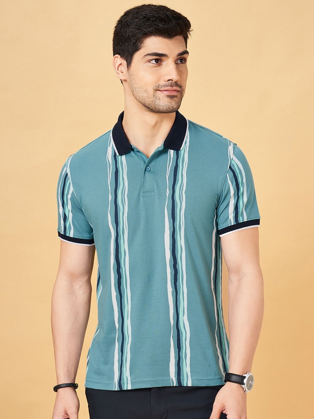 

BYFORD by Pantaloons Men Striped Polo Collar Cotton Slim Fit T-Shirt, Teal