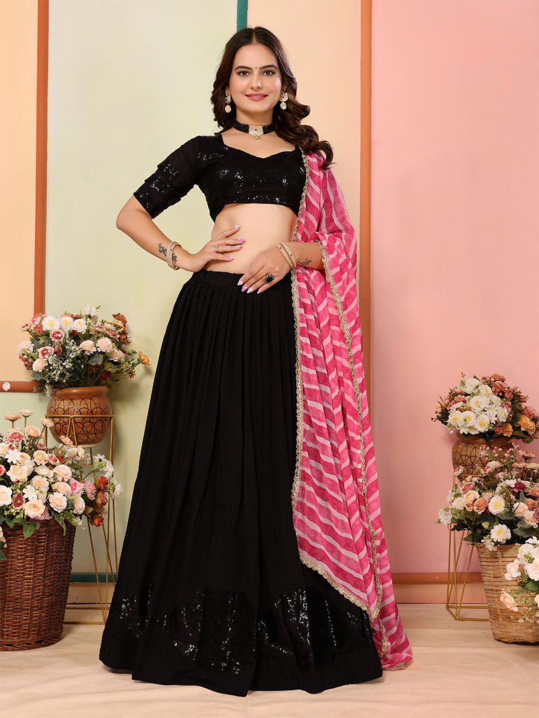 

VAIRAGEE Embellished Sequinned Ready to Wear Lehenga & Unstitched Blouse With Dupatta, Black