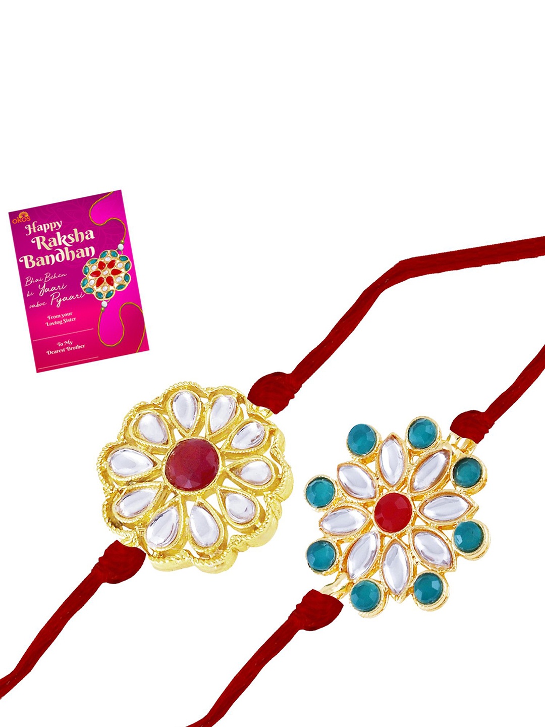 

Okos Set Of 2 Gold Plated Kundan Studded Thread Rakhis With Greeting Card