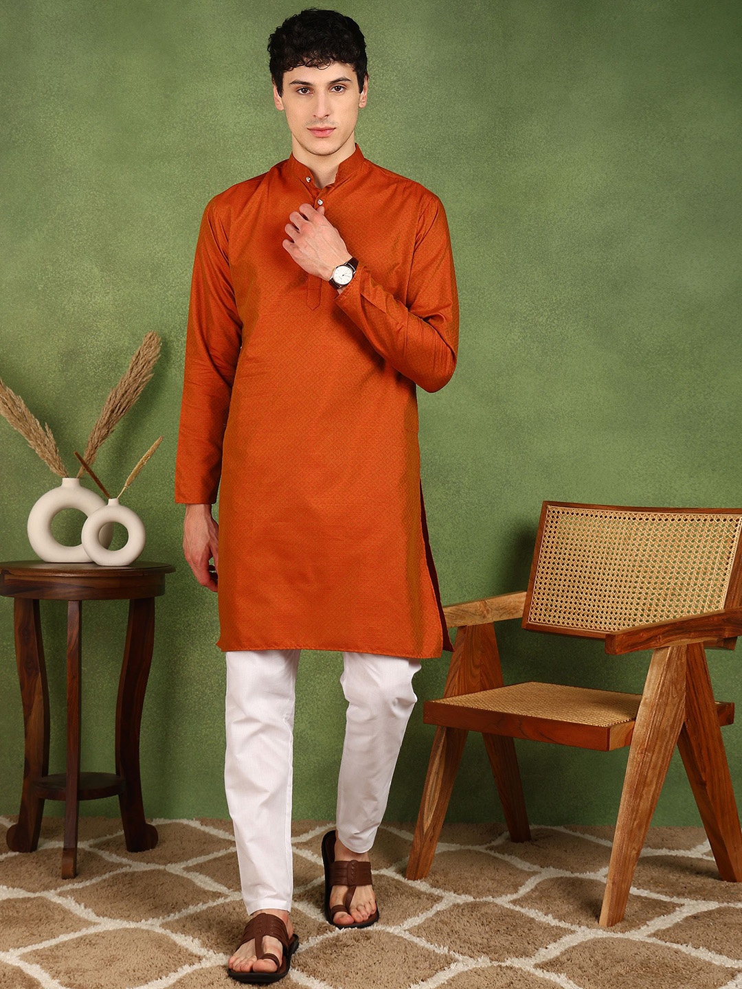 

FUBAR Woven Design Band Collar Regular Cotton Silk Straight Kurta With Pyjamas, Orange