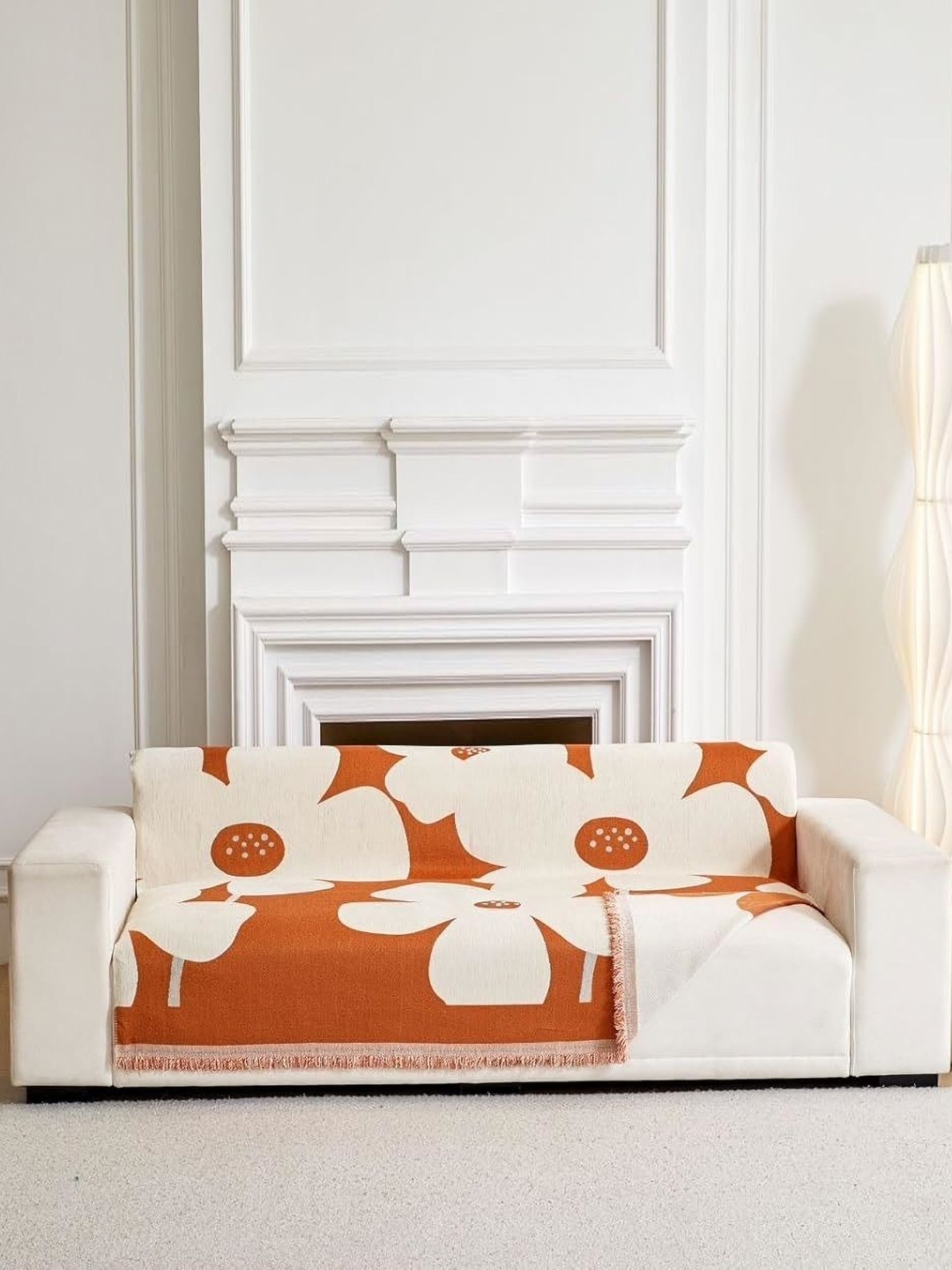 

HomeCloud Orange & Off White Floral Printed Velvet 4 Seater Reversible Sofa Cover