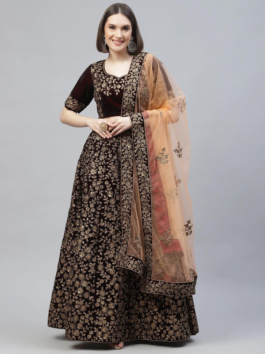 

FABPIXEL Embroidered Sequinned Kalamkari Semi-Stitched Lehenga & Blouse With Dupatta, Maroon