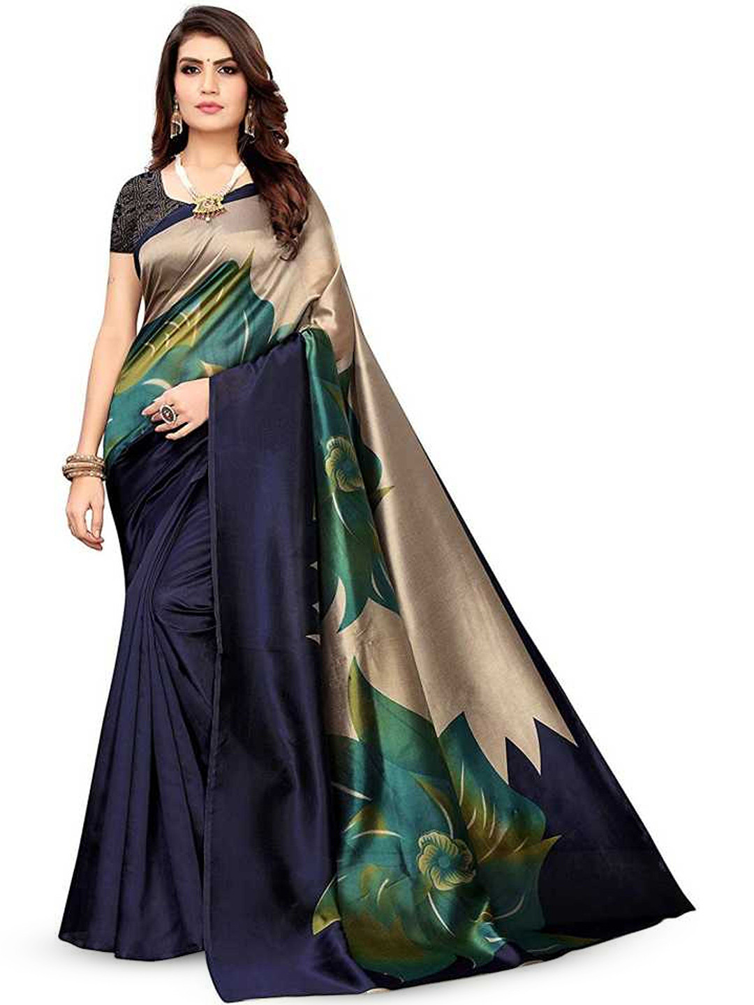 

RUNAYA NX Floral Art Silk Saree, Navy blue