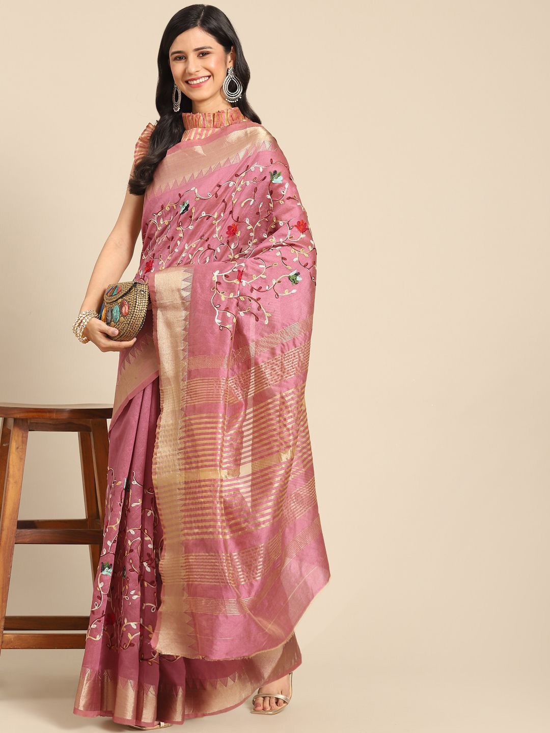 

KALINI Floral Embroidered Mysore Silk Saree, Pink