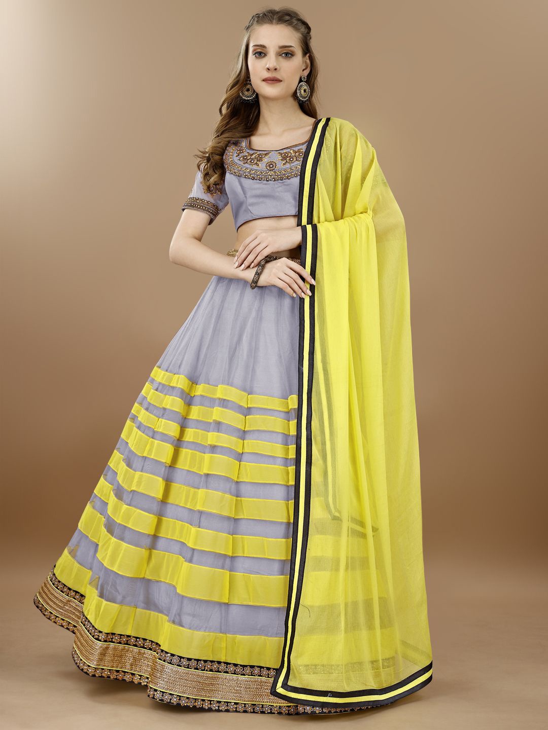 

SAPTRANGI Embroidered Beads and Stones Ready to Wear Lehenga With Blouse & Dupatta, Yellow