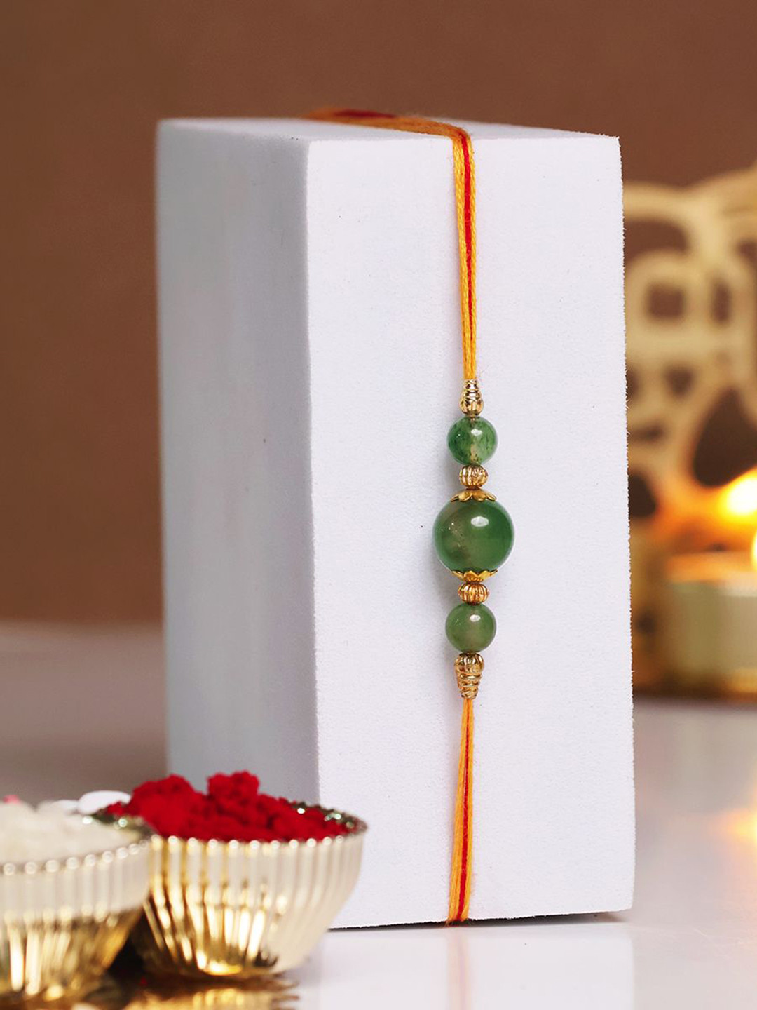 

Shubhanjali Aventurine Beaded Thread Rakhi With Roli Chawal & Greeting Card, Green