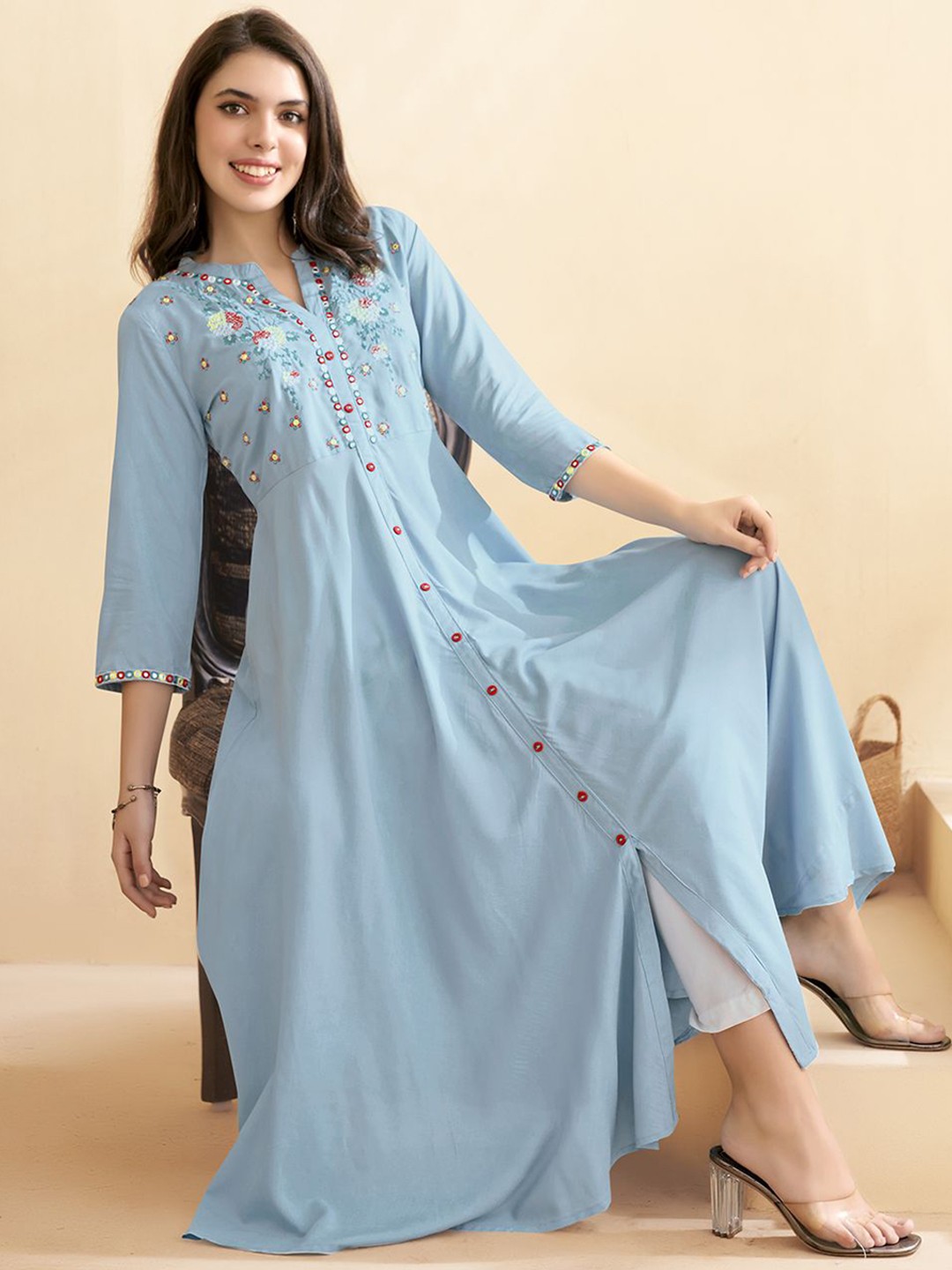 

Anouk Floral Embroidered Mirror Work Mandarin Collar Cotton A-Line Kurta, Blue