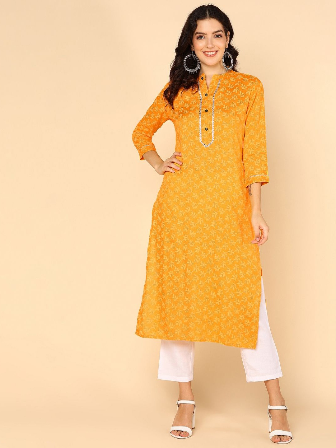 

Shiv ali apparels Floral Printed Mandrian Collar Straight Kurta, Yellow