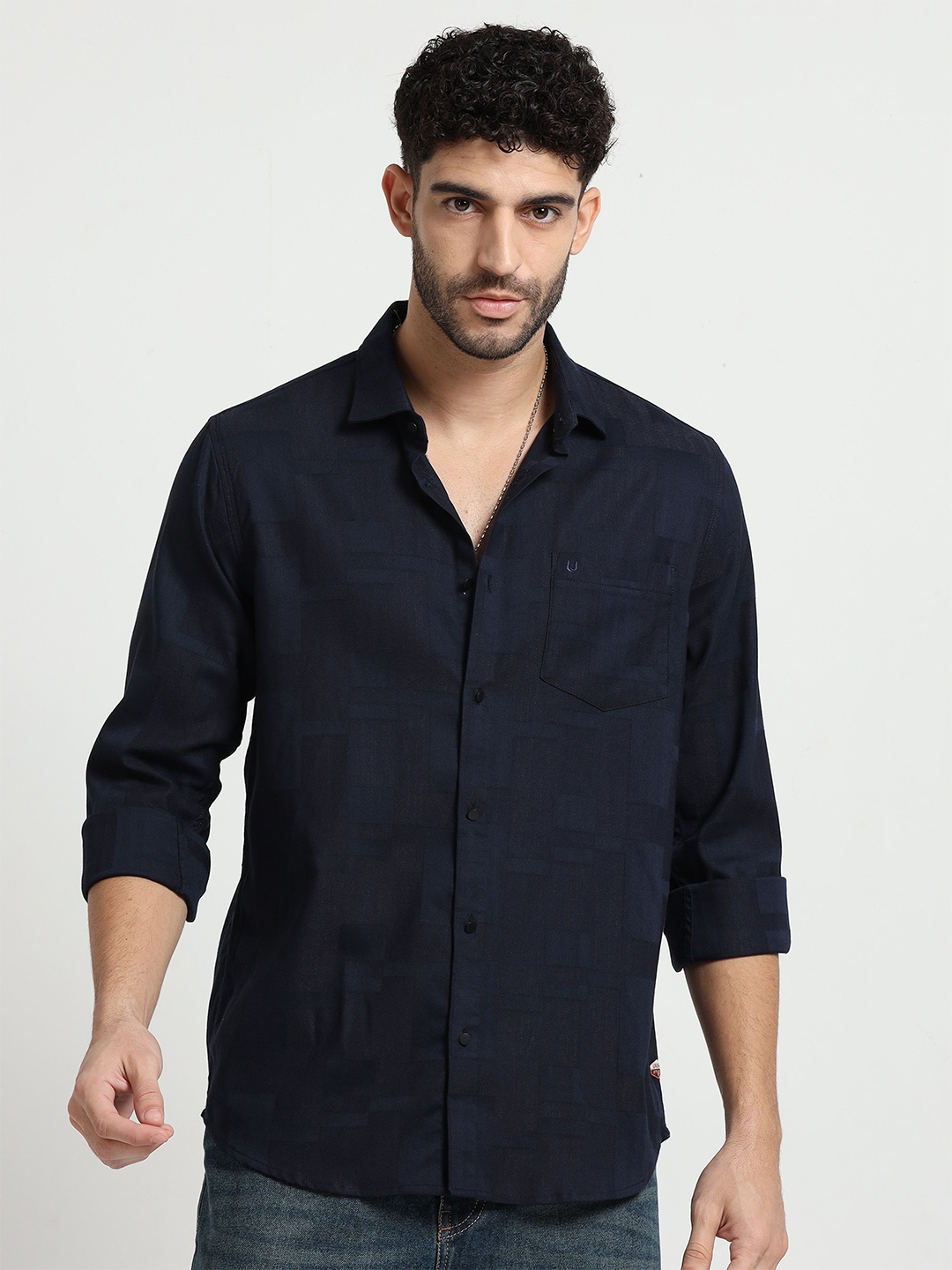 

URBARO Men Smart Abstract Printed Slim Fit Pure Cotton Casual Shirt, Navy blue