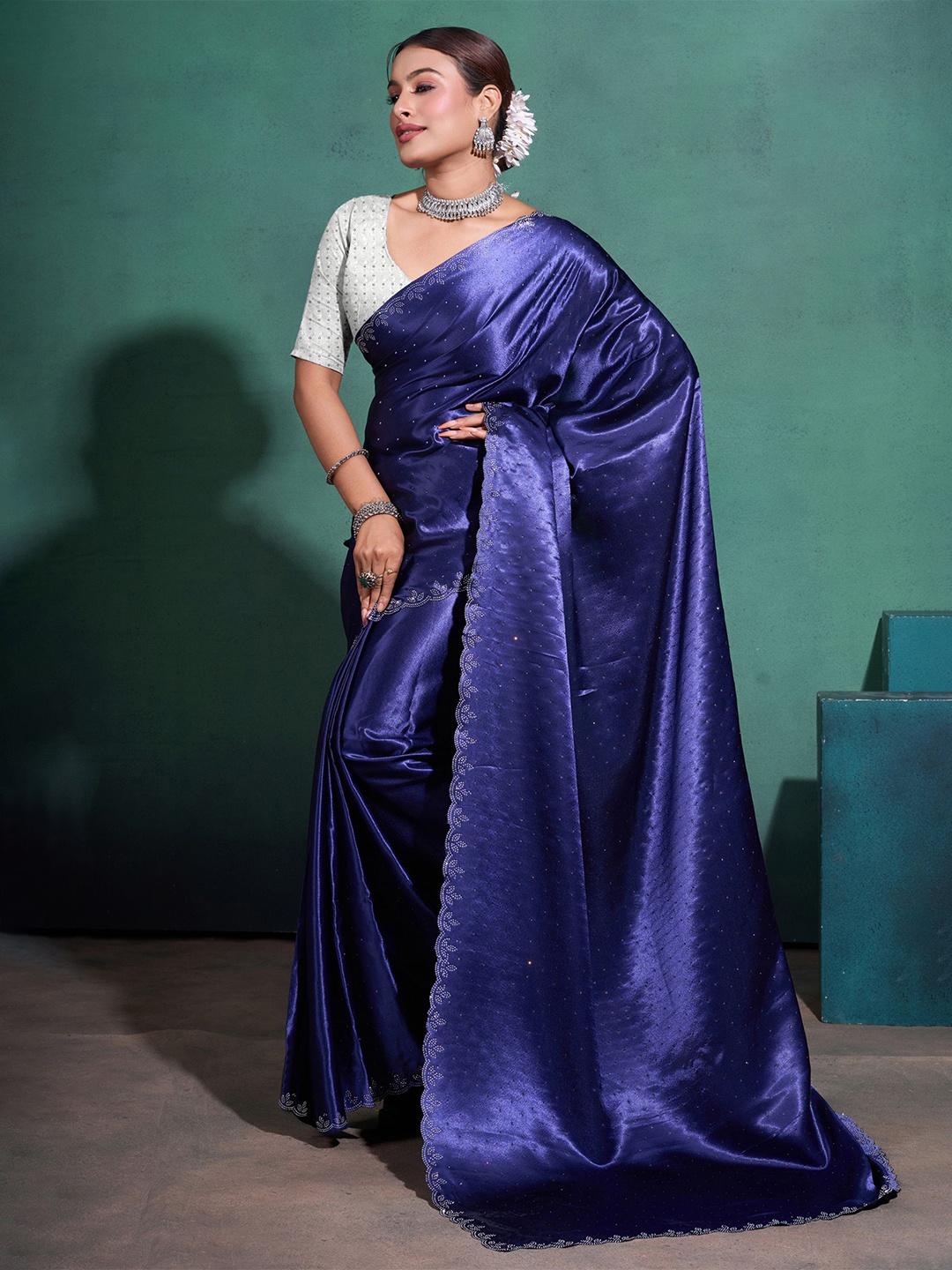 

KIMISHA Embellished Beads and Stones Satin Saree, Navy blue
