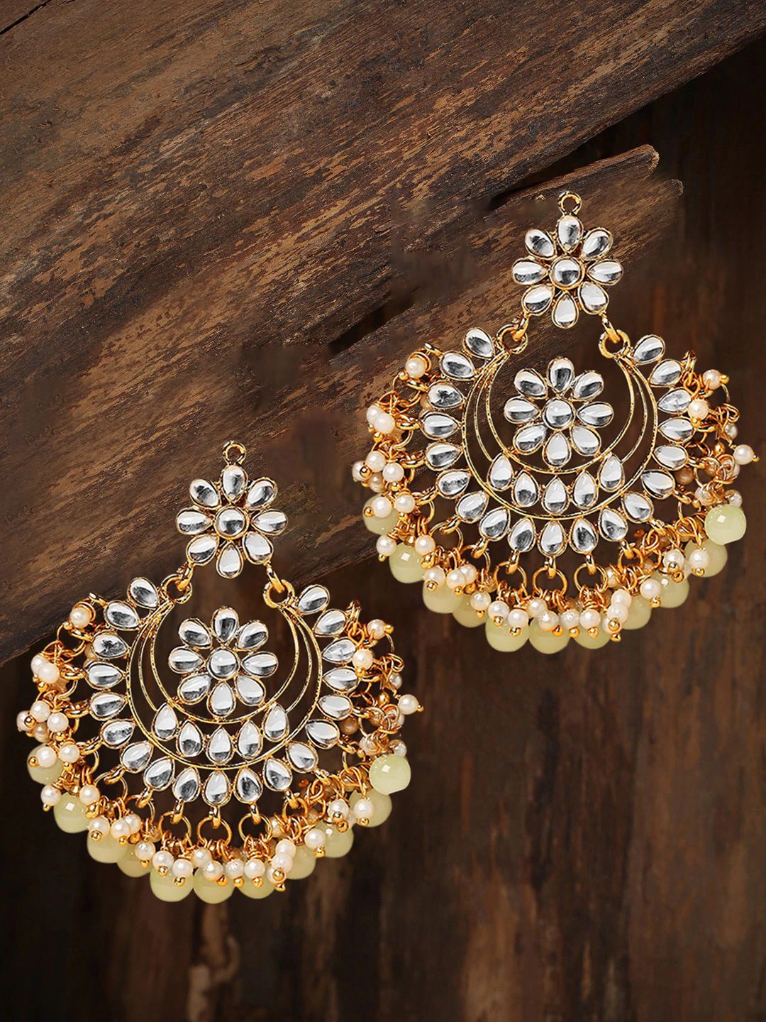 

Anouk Gold-Toned Kundan Studded & Beaded Crescent Shaped Chandbalis