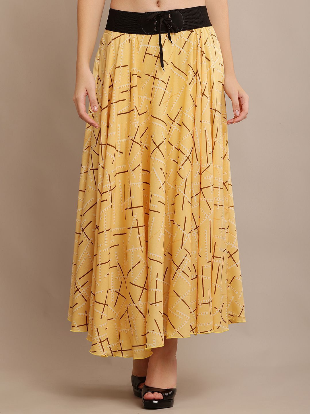 

Raabta Fashion Women's Printed Crepe Flared Maxi Skirt, Yellow