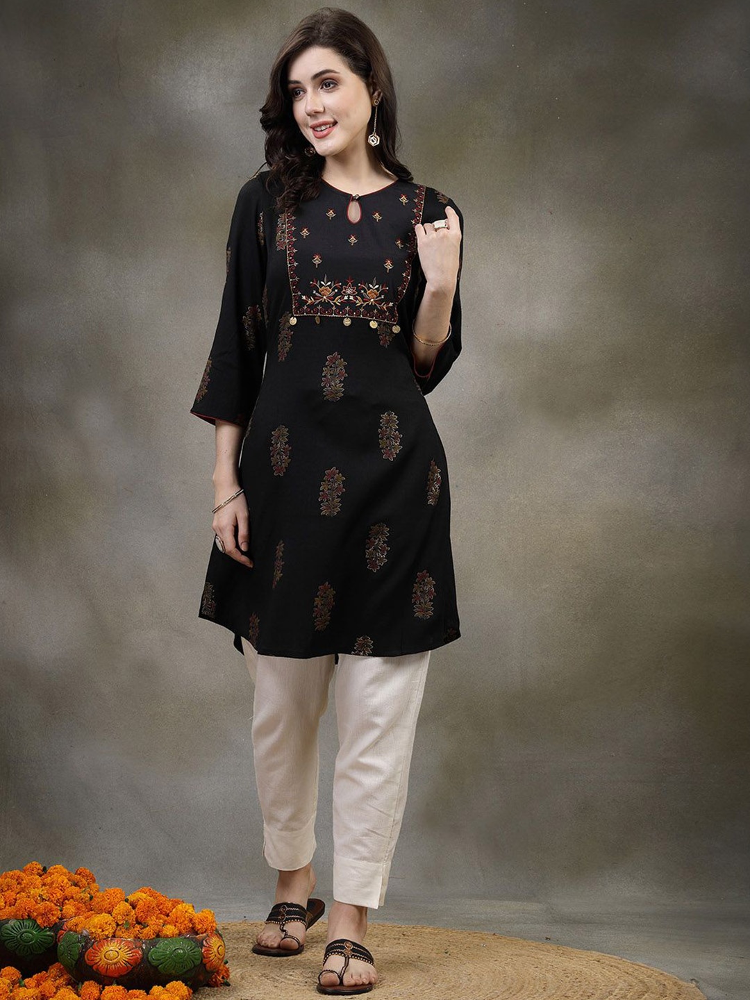 

Nayam By Lakshita Ethnic Motifs Embroidered Yoke Design A-Line Kurta, Black